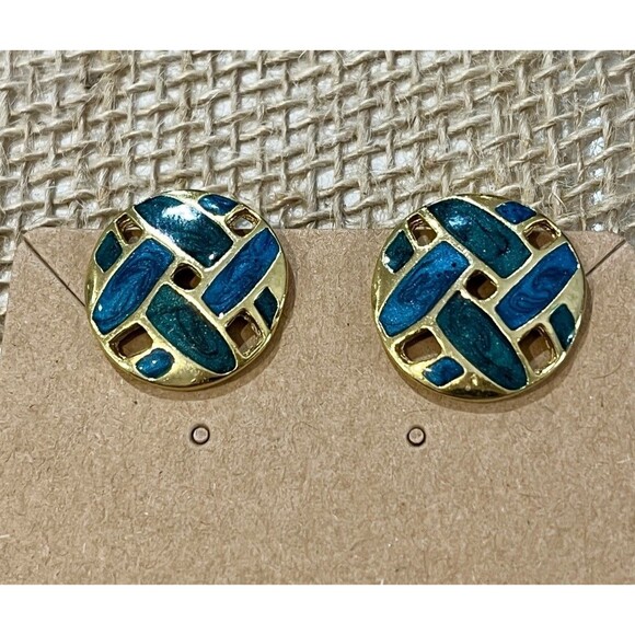 Goldtone Vintage Clip On Earrings Enamel Basketweave Round Vintage - Picture 1 of 6